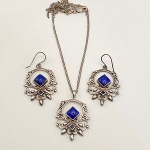 CA Italy 925 Sterling Silver Necklace Set Boho Blue Lapis Statement 21"